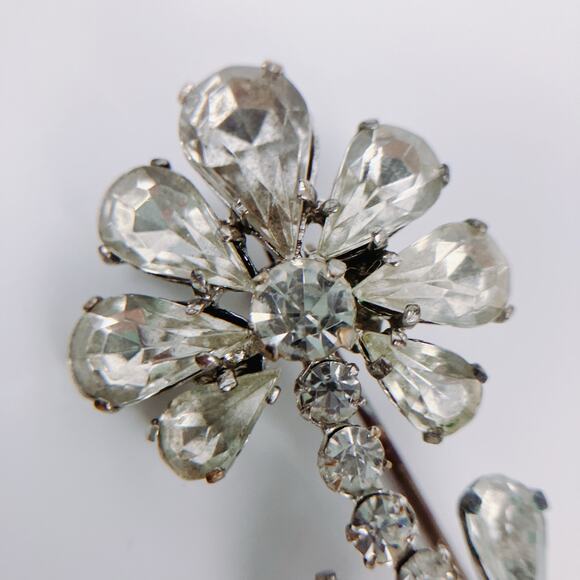 Vintage Signed Czecho Floral Brooch, Open Back Rhinestones - Picture 3 of 10